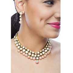 Gold Rodium Polish White and Off White color Necklace in Metal Alloy studded with Kundan