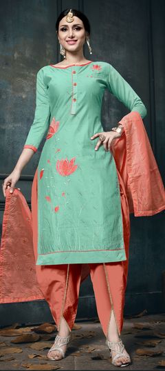 Green color Salwar Kameez in Cotton fabric with Embroidered, Resham, Thread work