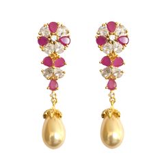 Gold Rodium Polish Pink and Majenta, White and Off White color Earrings in Brass studded with Austrian diamond
