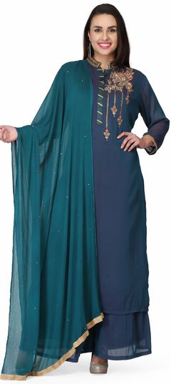 Blue color Salwar Kameez in Crepe Silk fabric with Embroidered, Stone, Thread work