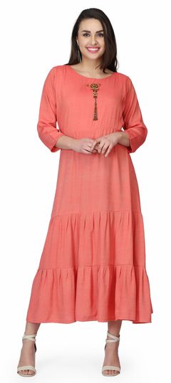 1563792: Party Wear Orange color Kurti in Rayon fabric with Long, Straight Bugle Beads work