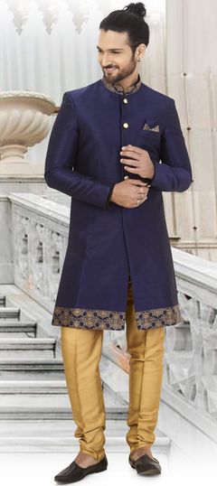 Blue color IndoWestern Dress in Silk fabric with Thread work