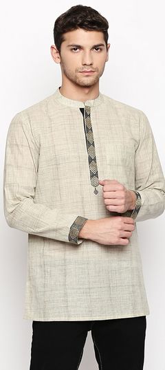 Beige and Brown color Kurta in Cotton fabric with Thread work
