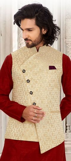 Gold color Nehru Jacket in Jacquard fabric with Embroidered work