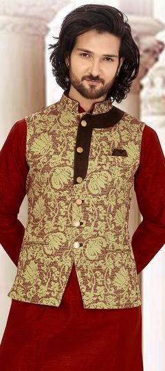 Beige and Brown color Nehru Jacket in Jacquard fabric with Embroidered work