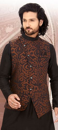 Beige and Brown, Black and Grey color Nehru Jacket in Jacquard fabric with Thread work