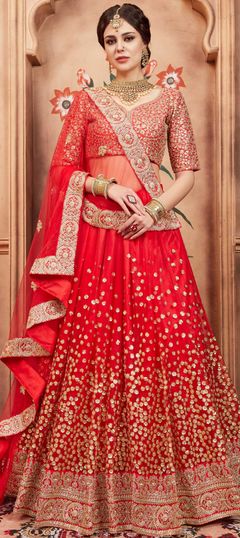 Engagement, Mehendi Sangeet, Party Wear, Reception Red and Maroon color Lehenga in Net fabric with Umbrella Shape Sequence, Thread work : 1564789