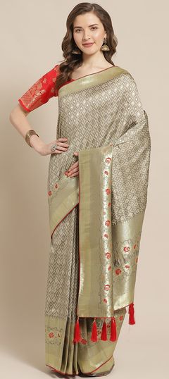 Black and Grey color Saree in Banarasi Silk, Silk fabric with Weaving work