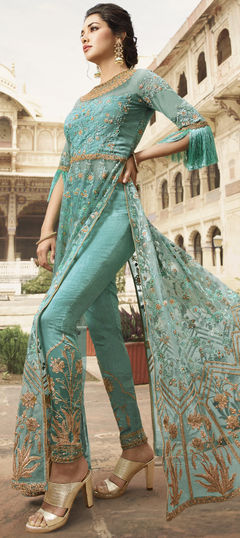 Blue color Salwar Kameez in Bangalore Silk fabric with Embroidered, Resham, Sequence, Stone, Thread, Zari work