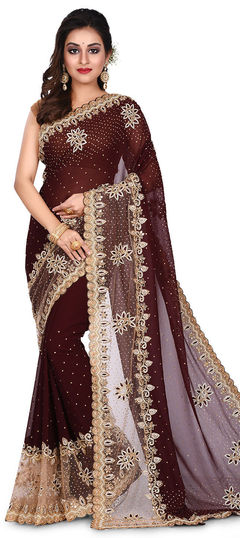 Beige and Brown color Saree in Georgette fabric with Cut Dana, Moti, Stone, Thread, Zircon work