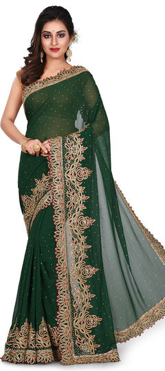 Green color Saree in Georgette fabric with Cut Dana, Moti, Stone, Thread, Zircon work