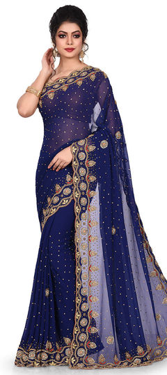 Blue color Saree in Georgette fabric with Cut Dana, Moti, Stone, Thread, Zircon work