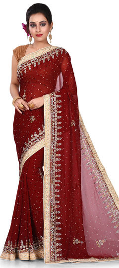 Red and Maroon color Saree in Georgette fabric with Cut Dana, Moti, Stone, Thread, Zircon work