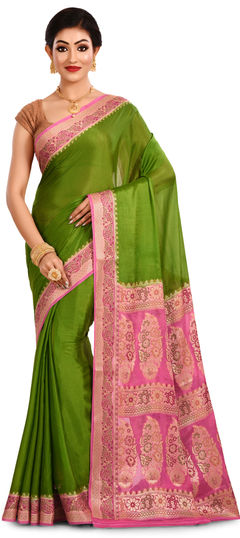 Green color Saree in Banarasi Silk, Silk fabric with Weaving work