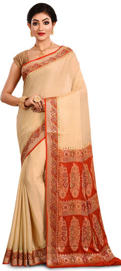 Beige and Brown color Saree in Banarasi Silk, Silk fabric with Weaving work