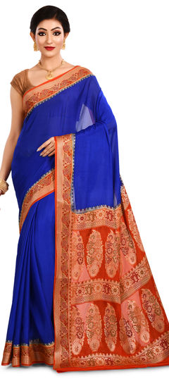 Blue color Saree in Banarasi Silk, Silk fabric with Weaving work