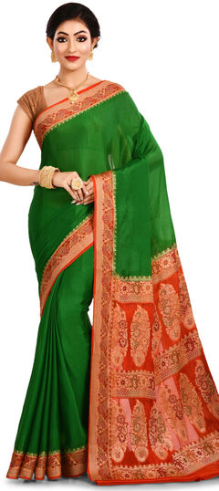 Green color Saree in Banarasi Silk, Silk fabric with Weaving work