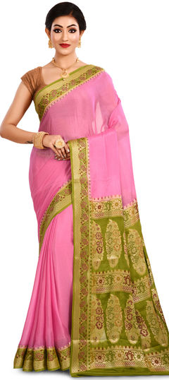 Pink and Majenta color Saree in Banarasi Silk, Silk fabric with Weaving work