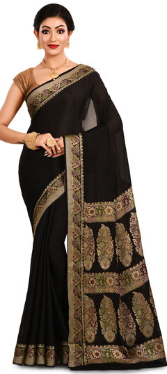 Black and Grey color Saree in Banarasi Silk, Silk fabric with Weaving work