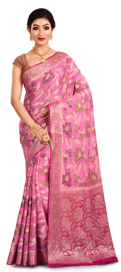 Pink and Majenta color Saree in Banarasi Silk, Silk fabric with Weaving work