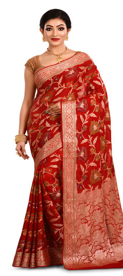 Red and Maroon color Saree in Banarasi Silk, Silk fabric with Weaving work