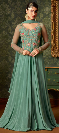 Green color Salwar Kameez in Net fabric with Bugle Beads, Embroidered, Mirror, Sequence, Stone work