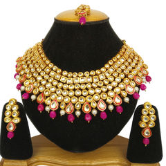 Gold Rodium Polish Pink and Majenta, White and Off White color Necklace in Metal Alloy studded with Kundan