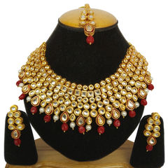 Gold Rodium Polish Red and Maroon, White and Off White color Necklace in Metal Alloy studded with Kundan