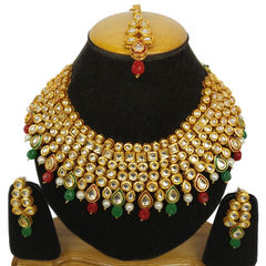 Gold Rodium Polish Multicolor color Necklace in Metal Alloy studded with Kundan