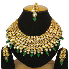 Gold Rodium Polish Green, White and Off White color Necklace in Metal Alloy studded with Kundan