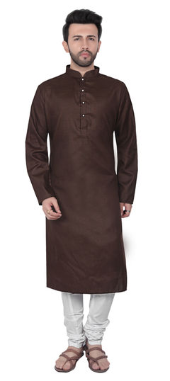 Beige and Brown color Kurta Pyjamas in Cotton fabric with Thread work