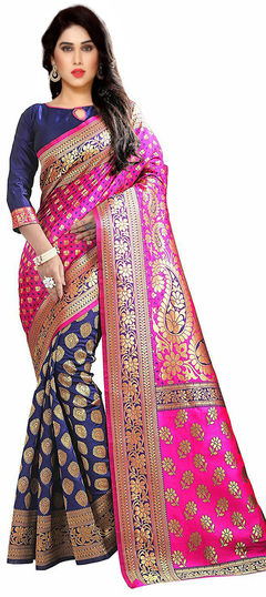 Bridal, Party Wear, Traditional, Wedding Blue, Pink and Majenta color Saree in Banarasi Silk, Silk fabric with South Weaving work : 1566721