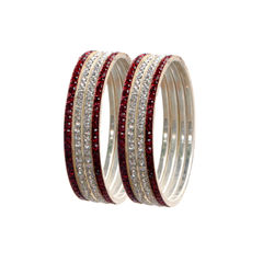 Silver Rodium Polish Red and Maroon color Bangles in Brass studded with CZ Diamond