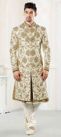 Beige and Brown, White and Off White color Sherwani in Silk fabric with Stone, Thread, Zari work