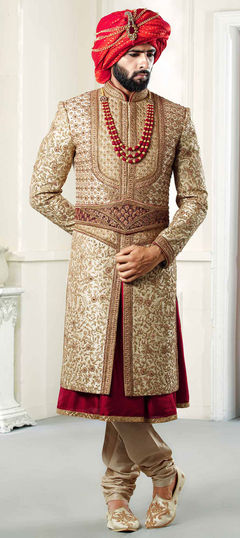 Gold, Red and Maroon color Sherwani in Silk fabric with Stone, Thread, Zari work