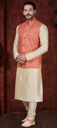 Beige and Brown color Kurta Pyjama with Jacket in Art Dupion Silk fabric with Printed work