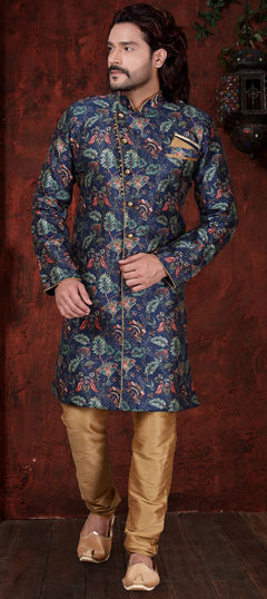 Blue color IndoWestern Dress in Art Silk fabric with Printed work