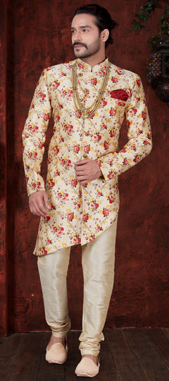 Beige and Brown color IndoWestern Dress in Jacquard fabric with Floral, Printed work