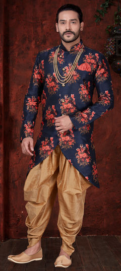 Blue color IndoWestern Dress in Art Silk fabric with Floral, Printed work