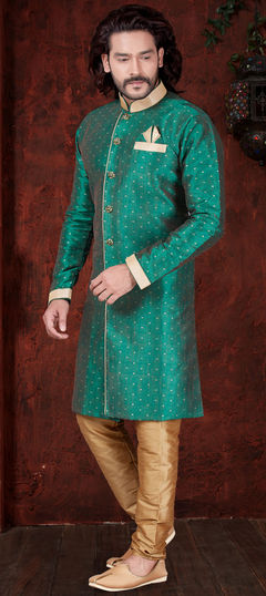 Green color IndoWestern Dress in Art Silk fabric with Thread work