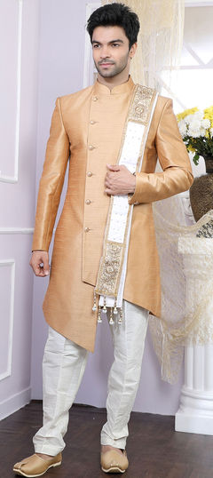 Beige and Brown color IndoWestern Dress in Art Silk fabric with Thread work