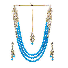 Gold Rodium Polish Blue, White and Off White color Necklace in Metal Alloy studded with CZ Diamond, Kundan