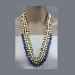 Gold Rodium Polish Blue, White and Off White color Necklace in Metal Alloy studded with CZ Diamond, Kundan