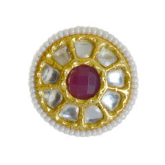 Gold Rodium Polish Pink and Majenta, White and Off White color Ring in Brass studded with Kundan