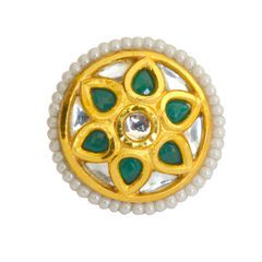 Gold Rodium Polish White and Off White color Ring in Brass studded with Kundan