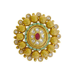 Gold Rodium Polish White and Off White color Ring in Brass studded with Kundan