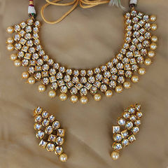 Gold Rodium Polish White and Off White color Necklace in Metal Alloy studded with CZ Diamond, Kundan