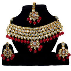 Gold Rodium Polish Red and Maroon color Necklace in Metal Alloy studded with CZ Diamond, Kundan