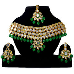 Gold Rodium Polish Green color Necklace in Metal Alloy studded with CZ Diamond, Kundan