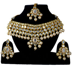 Gold Rodium Polish White and Off White color Necklace in Metal Alloy studded with CZ Diamond, Kundan